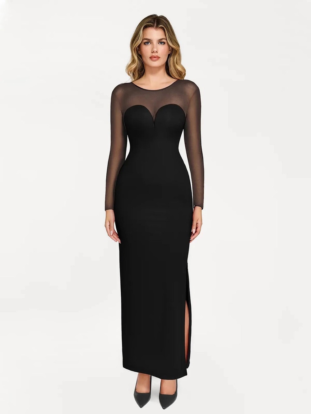 Popilush Formal Black Sheer-Sleeve Bodycon Maxi Dress